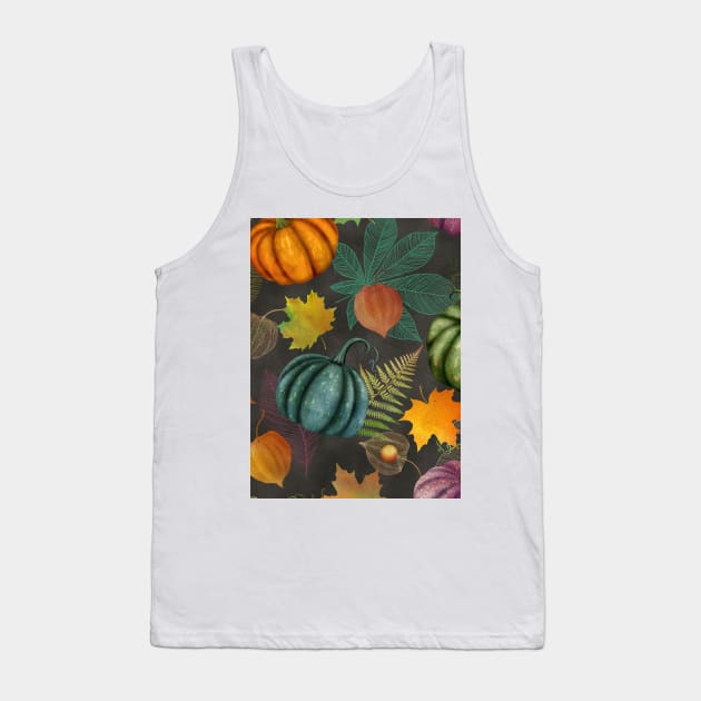 Colorful autumn watercolor seamless botanical pattern, Pumpkins, maple leaves, Physalis composition. Thanksgiving vibrant textural background Tank Top by likapix